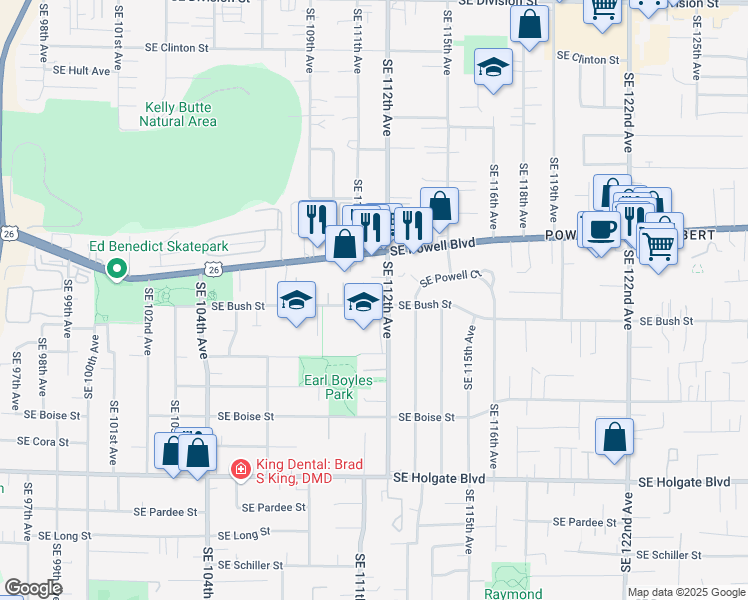 map of restaurants, bars, coffee shops, grocery stores, and more near 11149 Southeast Bush Street in Portland