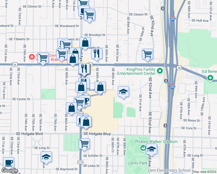 map of restaurants, bars, coffee shops, grocery stores, and more near 3712 Southeast 86th Avenue in Portland