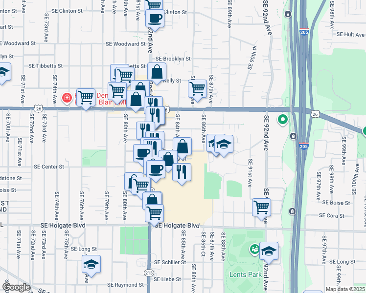 map of restaurants, bars, coffee shops, grocery stores, and more near 8441 Southeast Bush Street in Portland