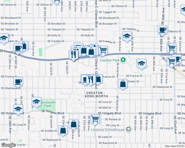 map of restaurants, bars, coffee shops, grocery stores, and more near 3803 Southeast Francis Street in Portland