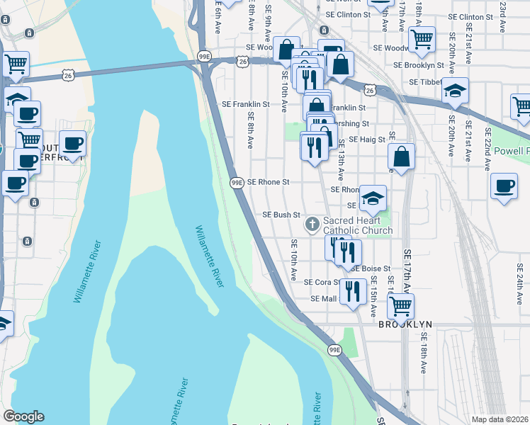 map of restaurants, bars, coffee shops, grocery stores, and more near 911 Southeast Bush Street in Portland