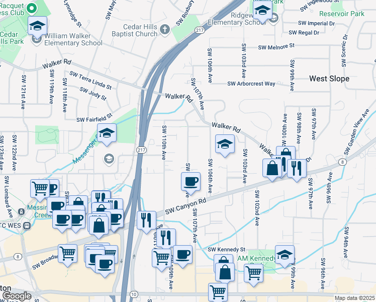 map of restaurants, bars, coffee shops, grocery stores, and more near 3450 Southwest 108th Avenue in Beaverton