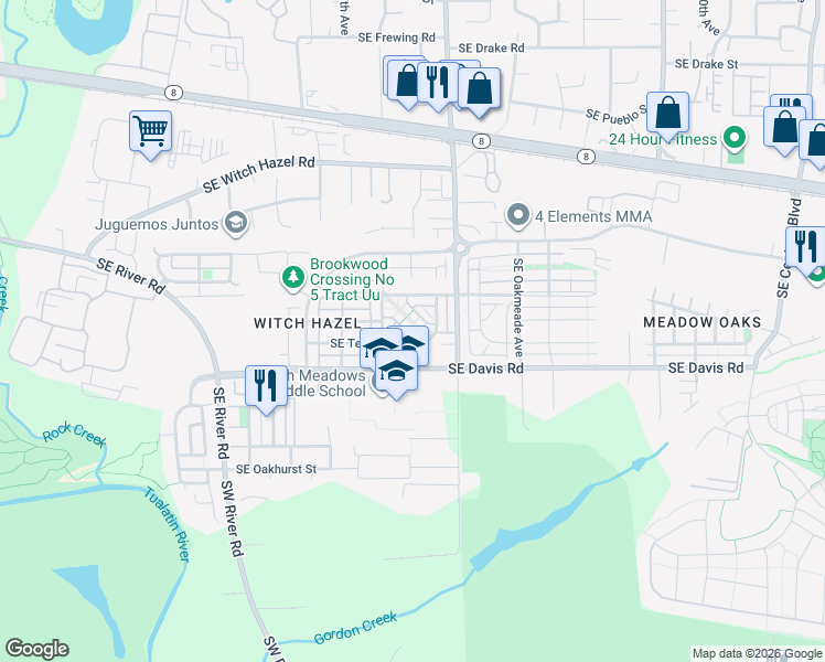 map of restaurants, bars, coffee shops, grocery stores, and more near 3472 Southeast Northwood Way in Hillsboro