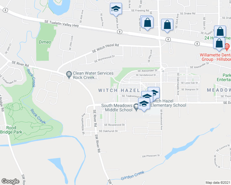 map of restaurants, bars, coffee shops, grocery stores, and more near 3454 Southeast Pinewood Avenue in Hillsboro