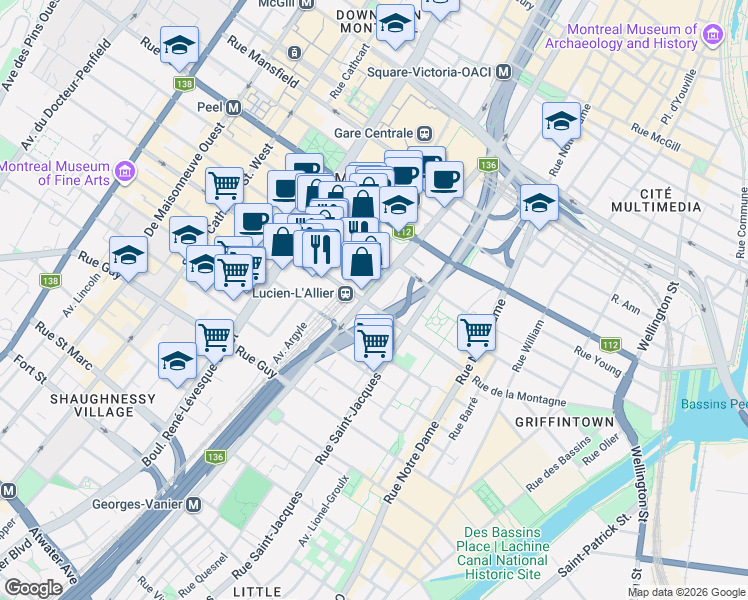 map of restaurants, bars, coffee shops, grocery stores, and more near 1288 Rue Saint-Antoine Ouest in Montréal