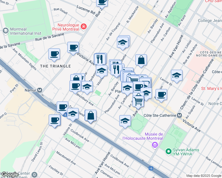 map of restaurants, bars, coffee shops, grocery stores, and more near 4851 Avenue Barclay in Montréal