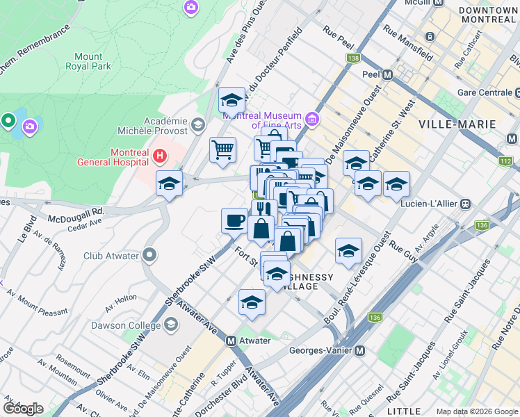 map of restaurants, bars, coffee shops, grocery stores, and more near 1826 Rue Sherbrooke Ouest in Montréal