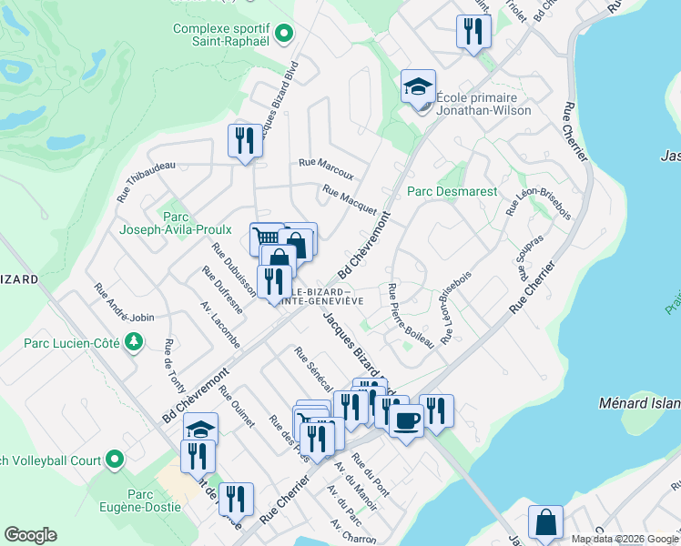 map of restaurants, bars, coffee shops, grocery stores, and more near 3307 Boulevard Chèvremont in Montréal