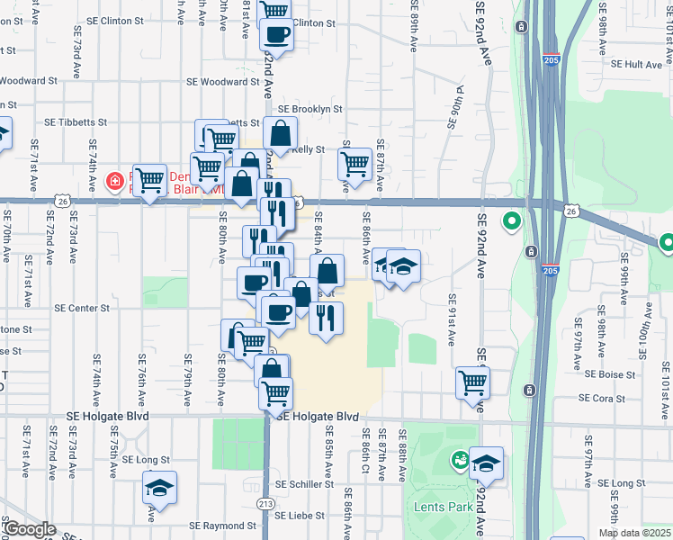 map of restaurants, bars, coffee shops, grocery stores, and more near 8441 Southeast Bush Street in Portland