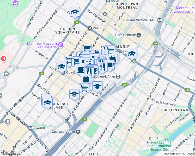 map of restaurants, bars, coffee shops, grocery stores, and more near in Montreal