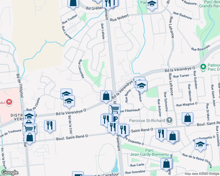 map of restaurants, bars, coffee shops, grocery stores, and more near 523 Montée Paiement in Gatineau