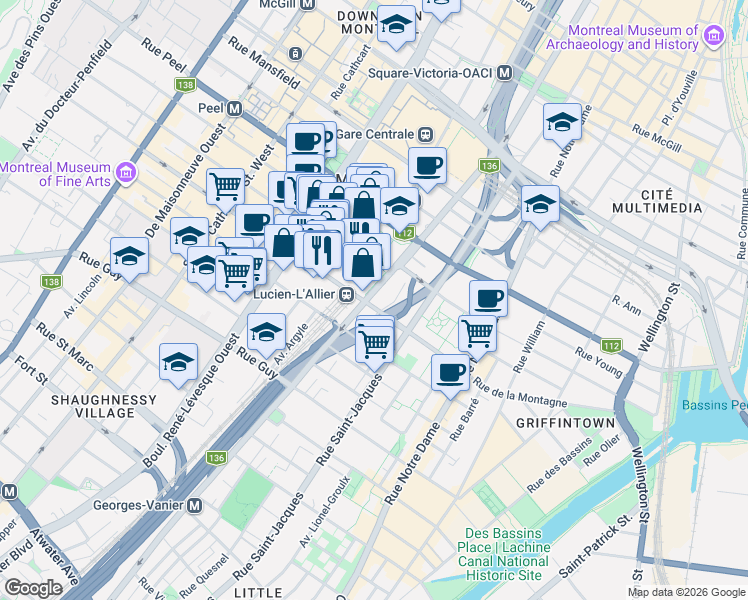 map of restaurants, bars, coffee shops, grocery stores, and more near 1288 Rue Saint-Antoine Ouest in Montréal