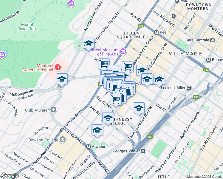 map of restaurants, bars, coffee shops, grocery stores, and more near 2121 Rue Saint Mathieu in Montréal
