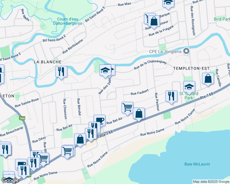 map of restaurants, bars, coffee shops, grocery stores, and more near 32 Rue de la Peribonka in Gatineau
