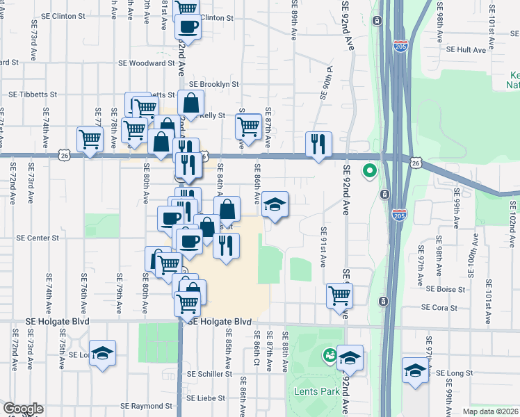 map of restaurants, bars, coffee shops, grocery stores, and more near 3710 Southeast 86th Avenue in Portland