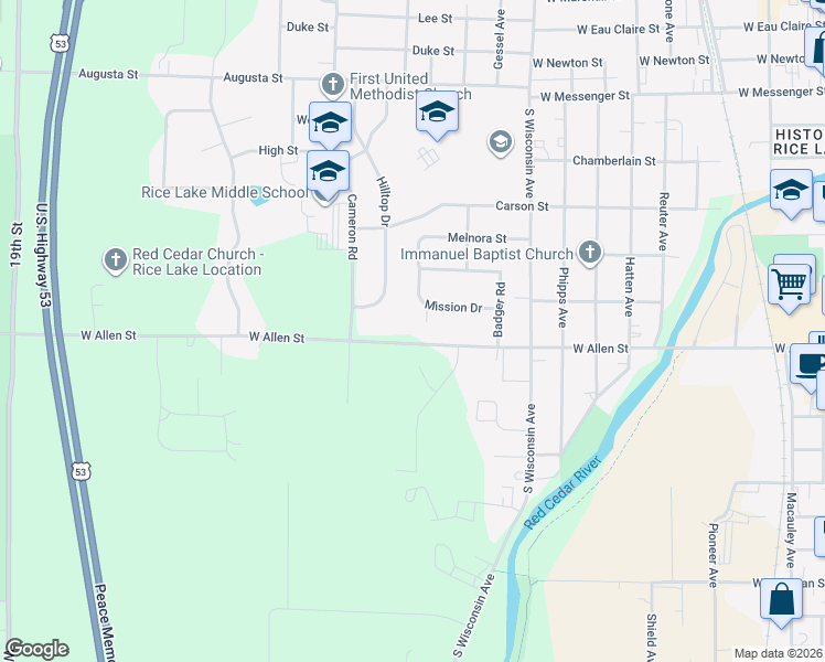 map of restaurants, bars, coffee shops, grocery stores, and more near 418 Mission Place in Rice Lake