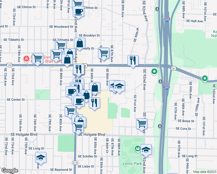 map of restaurants, bars, coffee shops, grocery stores, and more near 3710 Southeast 86th Avenue in Portland
