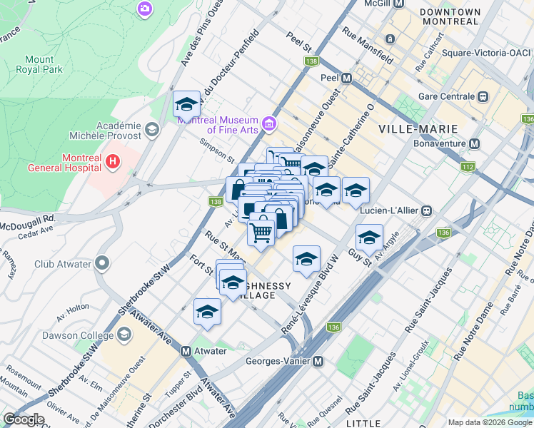 map of restaurants, bars, coffee shops, grocery stores, and more near 1628 Maisonneuve Boulevard West in Montreal