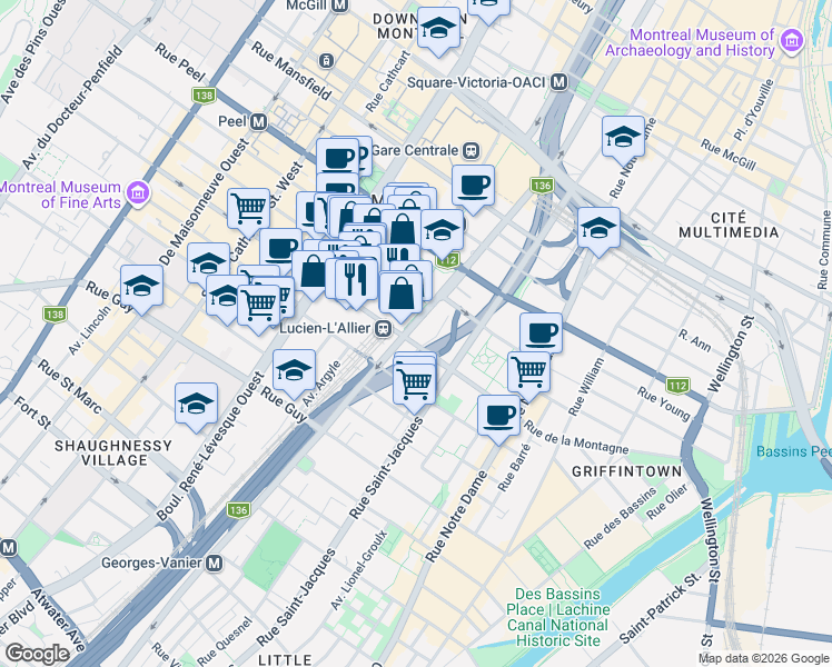 map of restaurants, bars, coffee shops, grocery stores, and more near 1288 Rue Saint-Antoine Ouest in Montréal