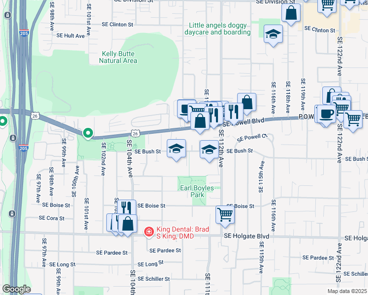 map of restaurants, bars, coffee shops, grocery stores, and more near 10839 Southeast Bush Street in Portland