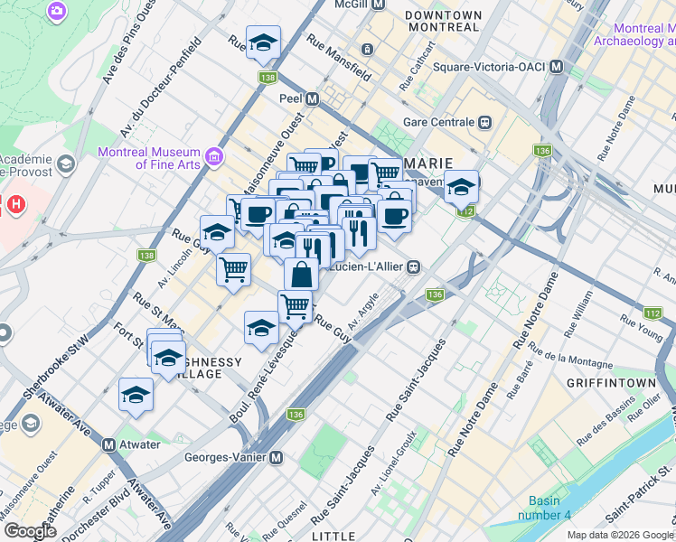 map of restaurants, bars, coffee shops, grocery stores, and more near 1400 Boulevard René-Lévesque Ouest in Montréal