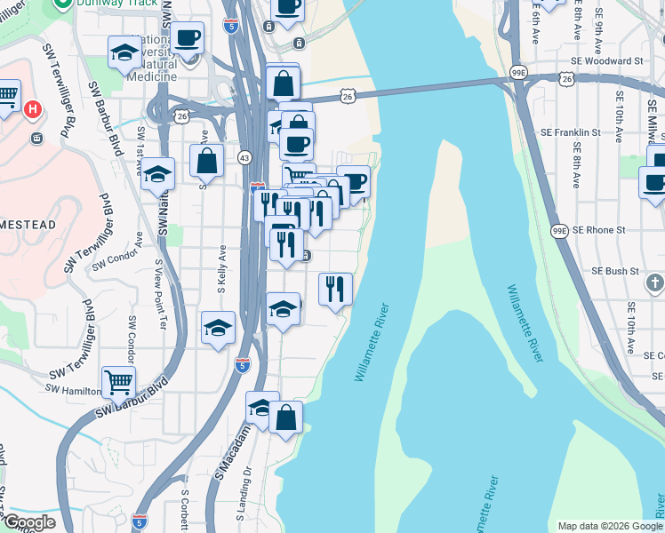 map of restaurants, bars, coffee shops, grocery stores, and more near 3870 South River Parkway in Portland