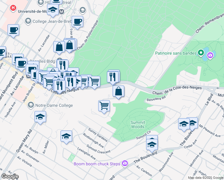 map of restaurants, bars, coffee shops, grocery stores, and more near Chemin de la Côte-des-Neiges in Westmount