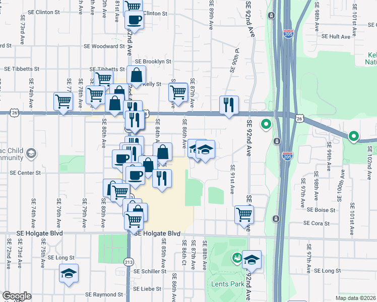 map of restaurants, bars, coffee shops, grocery stores, and more near 3712 Southeast 86th Avenue in Portland