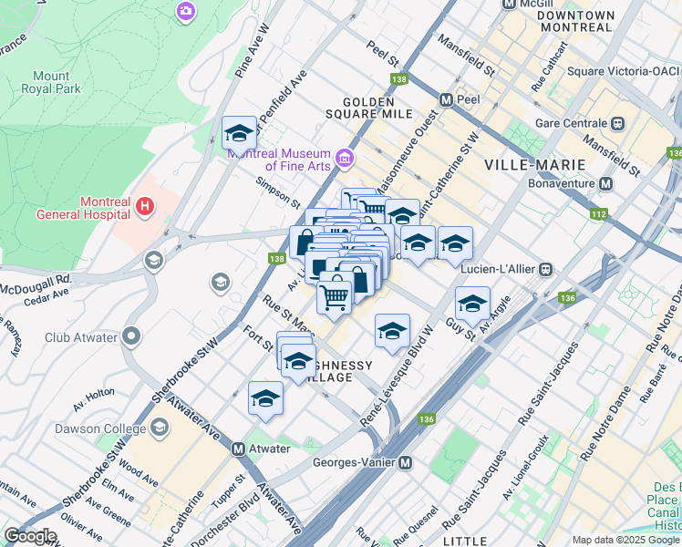 map of restaurants, bars, coffee shops, grocery stores, and more near 1628 Maisonneuve Boulevard West in Montreal
