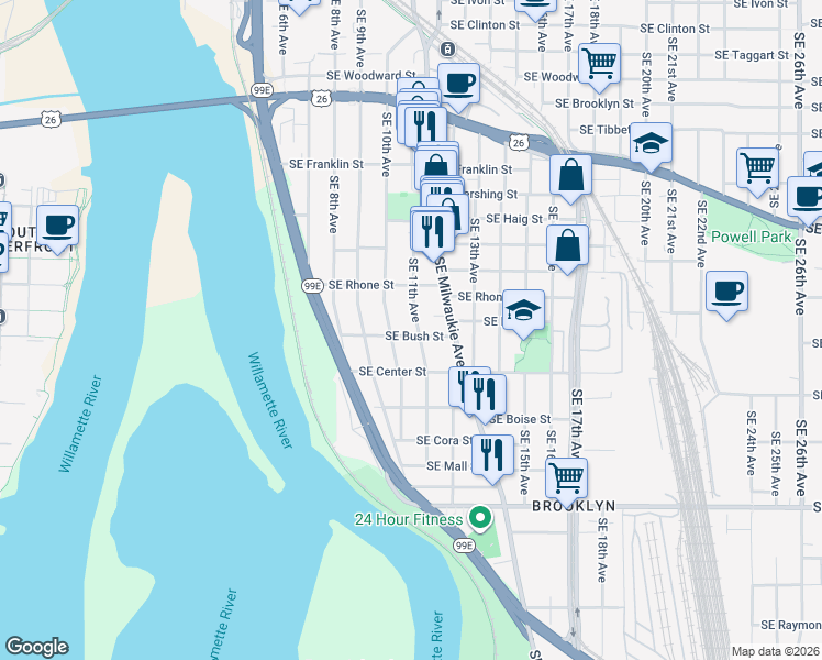 map of restaurants, bars, coffee shops, grocery stores, and more near 3783 Southeast 11th Avenue in Portland