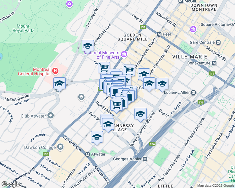 map of restaurants, bars, coffee shops, grocery stores, and more near 1645 Boulevard de Maisonneuve Ouest in Montréal