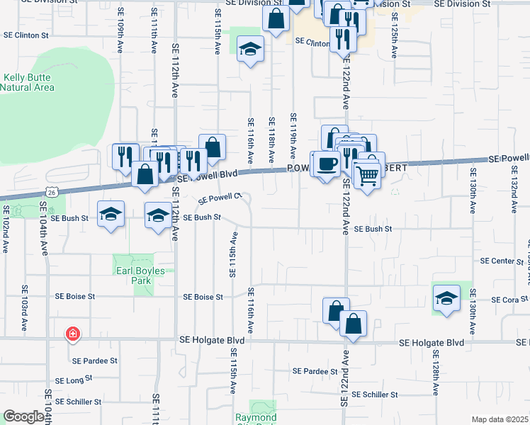 map of restaurants, bars, coffee shops, grocery stores, and more near 11712 Southeast Rhone Street in Portland