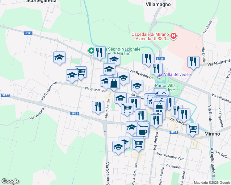 map of restaurants, bars, coffee shops, grocery stores, and more near 2 Via F. Filzi in Mirano