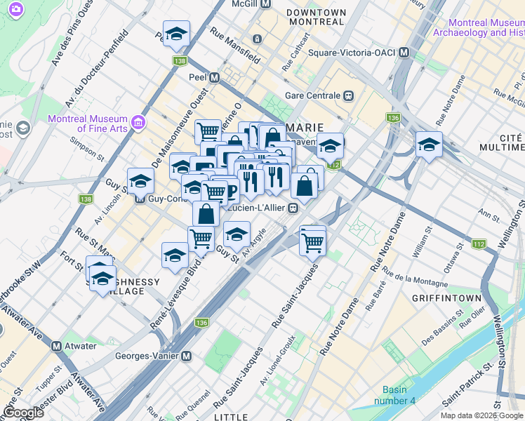 map of restaurants, bars, coffee shops, grocery stores, and more near 1001 Rue Lucien-L'Allier in Montréal