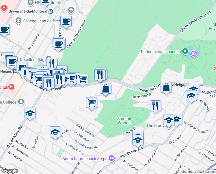 map of restaurants, bars, coffee shops, grocery stores, and more near 3250 Avenue Ridgewood in Montréal