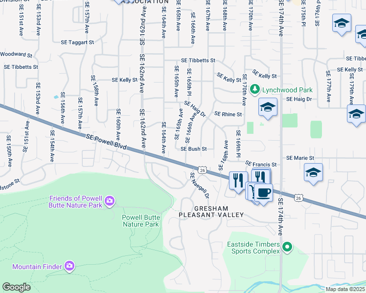 map of restaurants, bars, coffee shops, grocery stores, and more near 16527 Southeast Bush Street in Portland