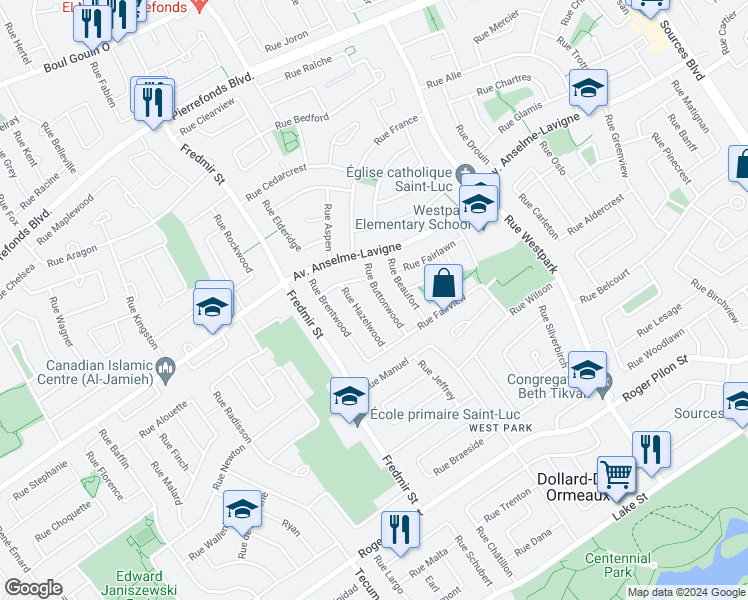 map of restaurants, bars, coffee shops, grocery stores, and more near 24 Rue Buttonwood in Dollard-des-Ormeaux