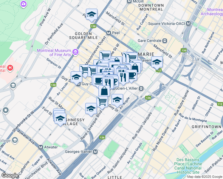 map of restaurants, bars, coffee shops, grocery stores, and more near in Montreal