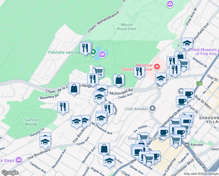 map of restaurants, bars, coffee shops, grocery stores, and more near in Montreal