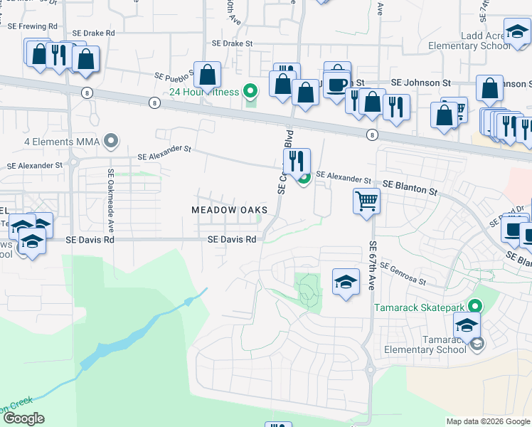 map of restaurants, bars, coffee shops, grocery stores, and more near 6228 Southeast Lone Oak Place in Hillsboro