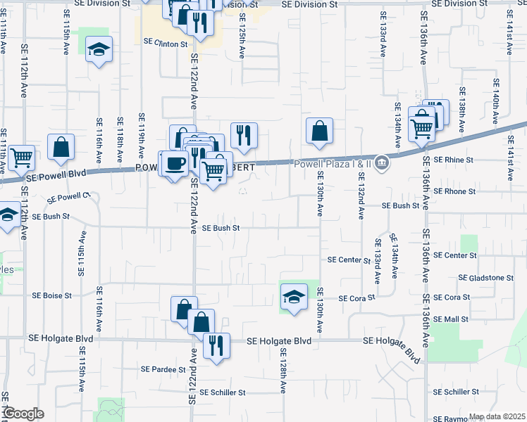 map of restaurants, bars, coffee shops, grocery stores, and more near 12623 Southeast Bush Street in Portland