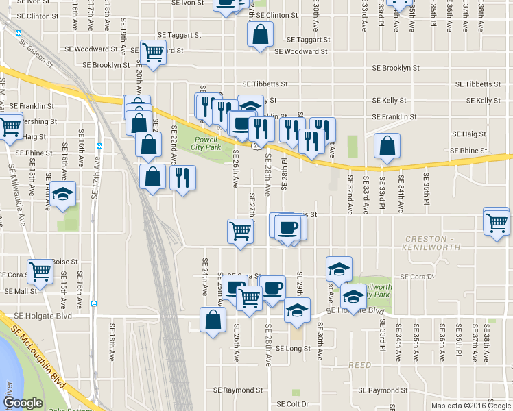 map of restaurants, bars, coffee shops, grocery stores, and more near 3834 Southeast 27th Avenue in Portland