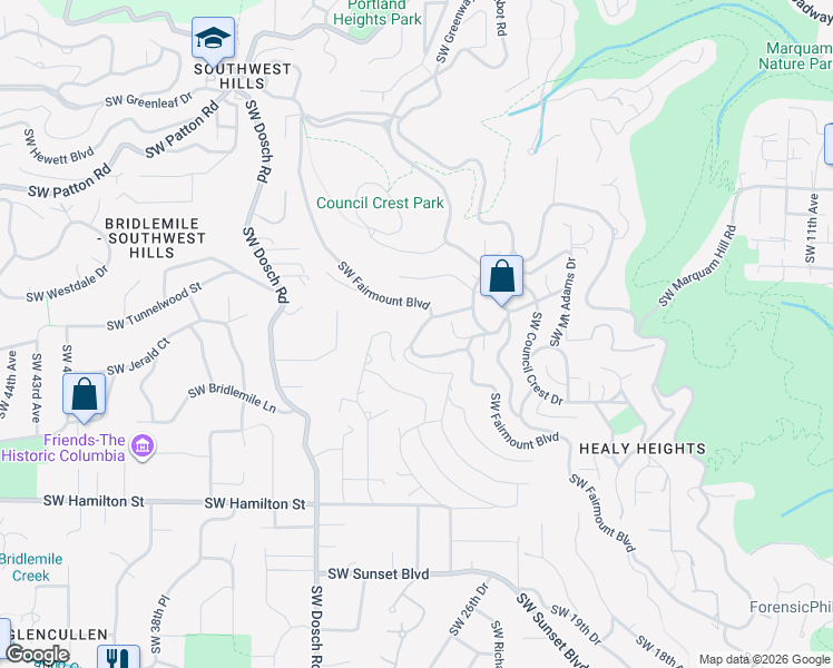 map of restaurants, bars, coffee shops, grocery stores, and more near 3291 Southwest Fairmount Boulevard in Portland