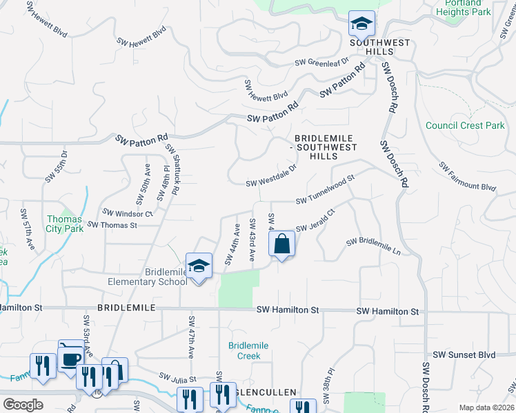 map of restaurants, bars, coffee shops, grocery stores, and more near 4220 Southwest Tunnelwood Street in Portland
