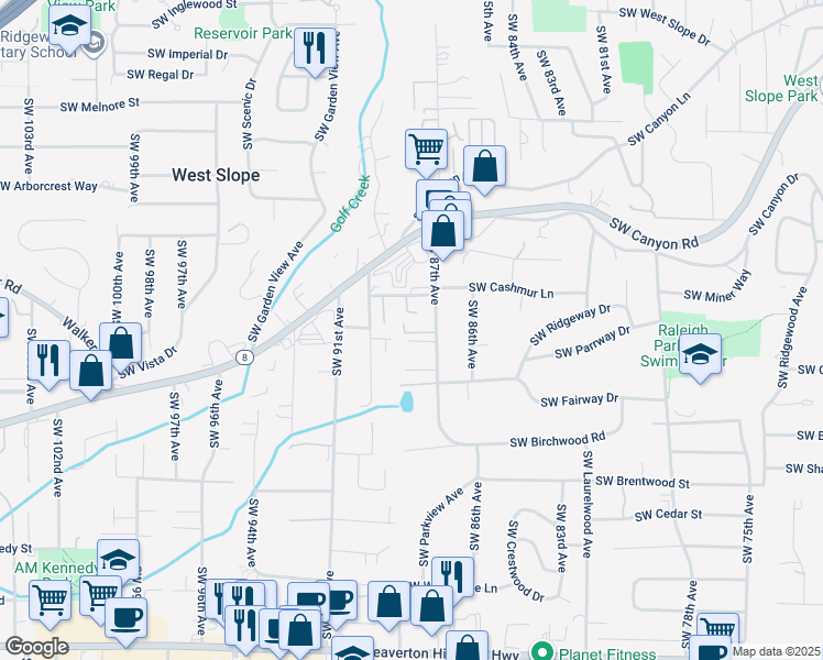 map of restaurants, bars, coffee shops, grocery stores, and more near 3471 Southwest 87th Avenue in Portland