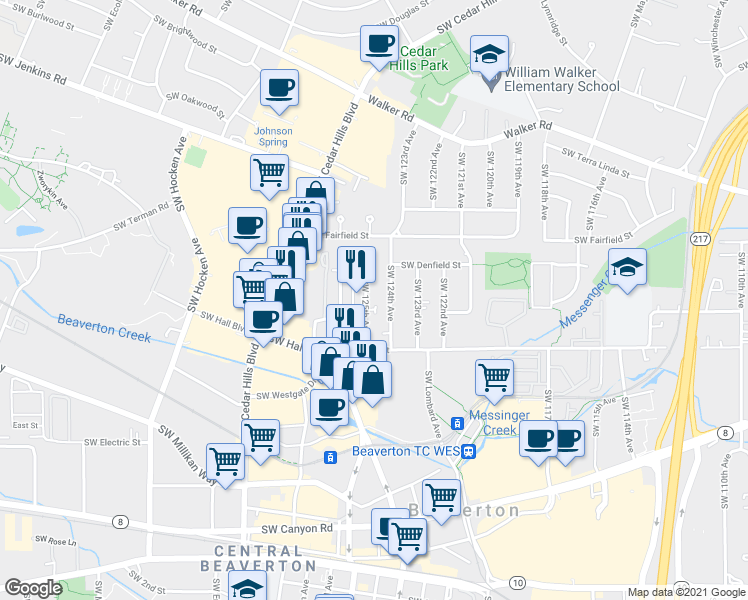 map of restaurants, bars, coffee shops, grocery stores, and more near 3445 Southwest 124th Avenue in Beaverton