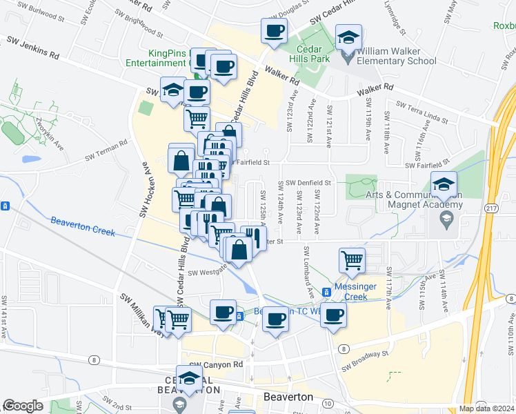 map of restaurants, bars, coffee shops, grocery stores, and more near 3462 Southwest 126th Avenue in Beaverton