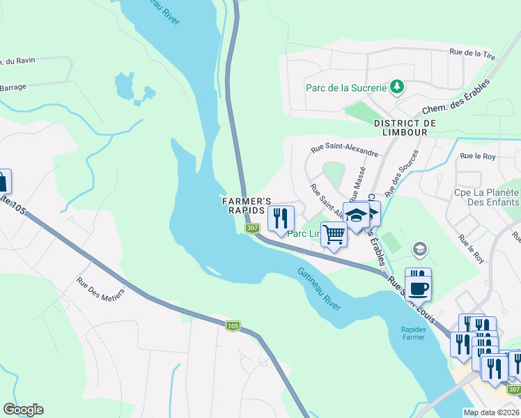 map of restaurants, bars, coffee shops, grocery stores, and more near 6 Rue Paquin in Gatineau