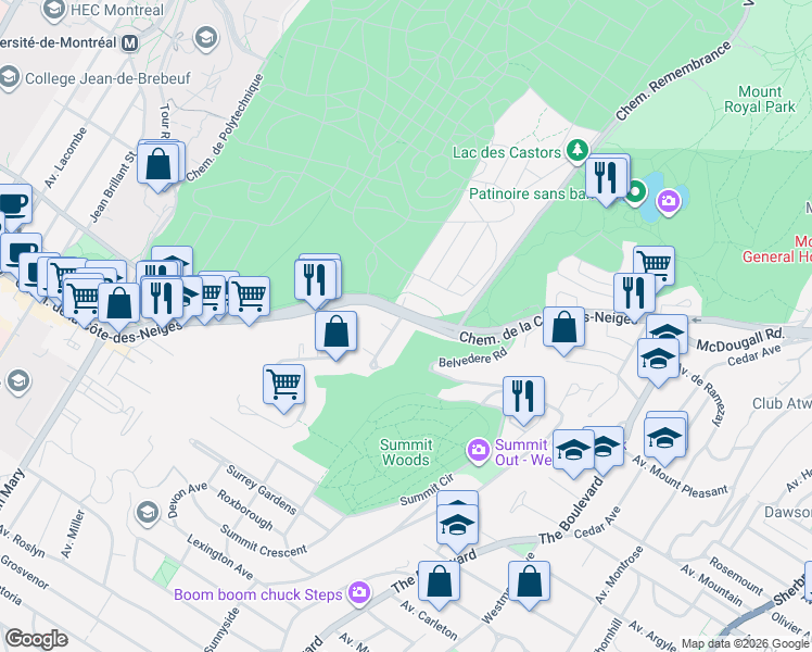 map of restaurants, bars, coffee shops, grocery stores, and more near 4500 Chemin de la Côte des Neiges in Montréal