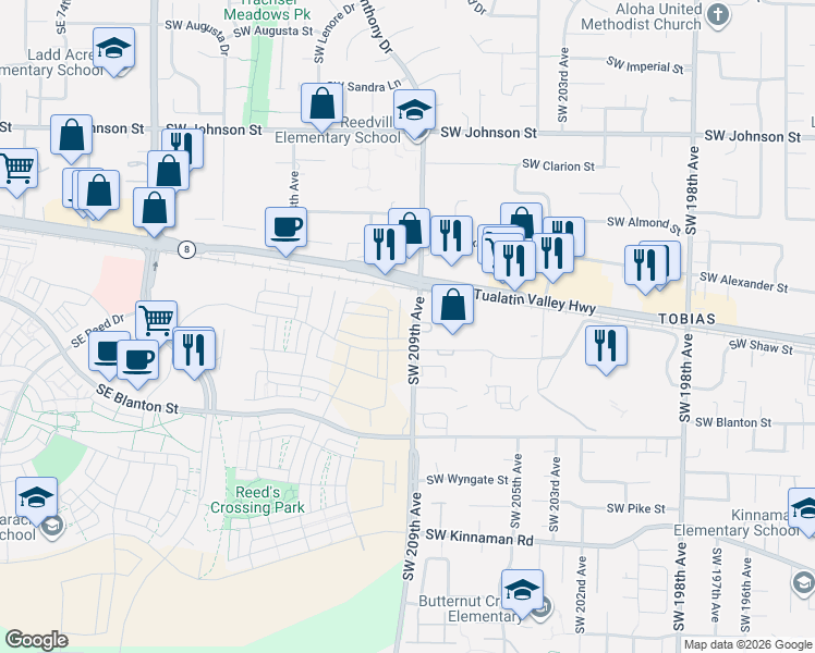 map of restaurants, bars, coffee shops, grocery stores, and more near 3359 Southwest 209th Avenue in Hillsboro